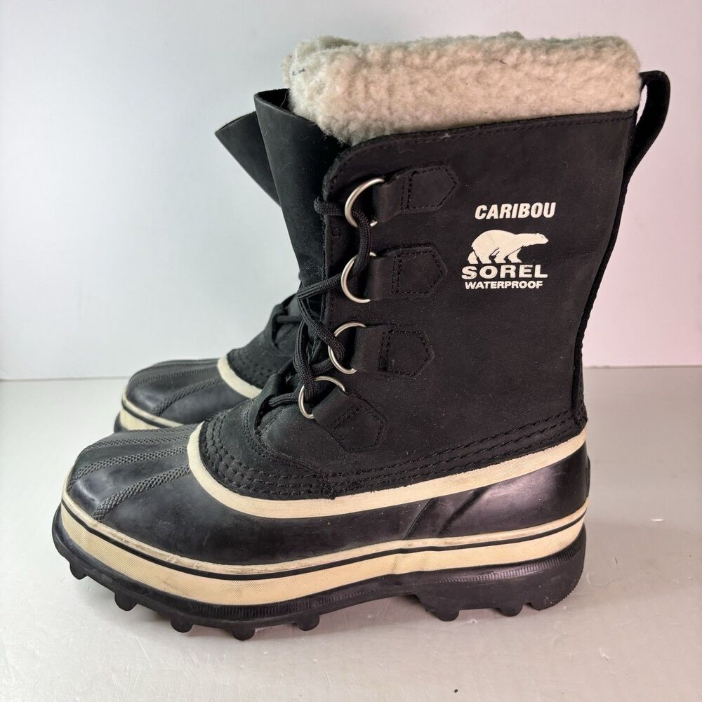 Sorel Caribou Boots Men's Size 8 US, 40 EU Lined Winter Snow Black White Lace Up